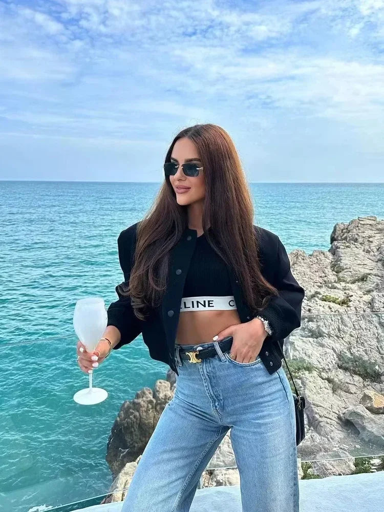 1 Uds. Chaqueta Bomber para mujer, abrigo blanco con botones para otoño e invierno, chaquetas recortadas de aviador de béisbol para mujer, prendas de vestir exteriores cortas de manga larga