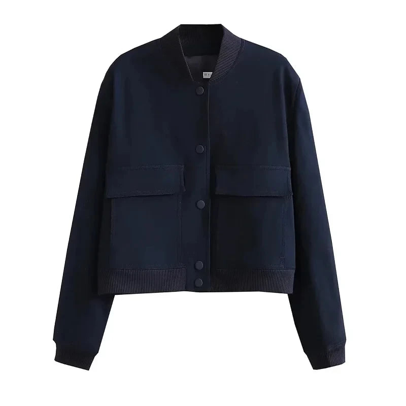 1 Uds. Chaqueta Bomber para mujer, abrigo blanco con botones para otoño e invierno, chaquetas recortadas de aviador de béisbol para mujer, prendas de vestir exteriores cortas de manga larga