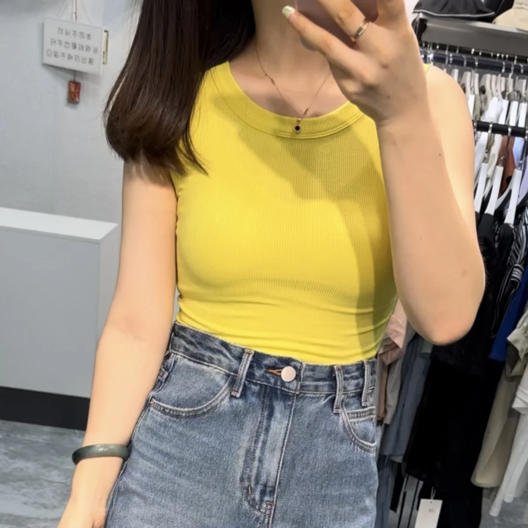 Camiseta sin mangas para mujer, chaleco deportivo informal de punto acanalado liso con hombros descubiertos y cuello redondo, camisola elástica básica