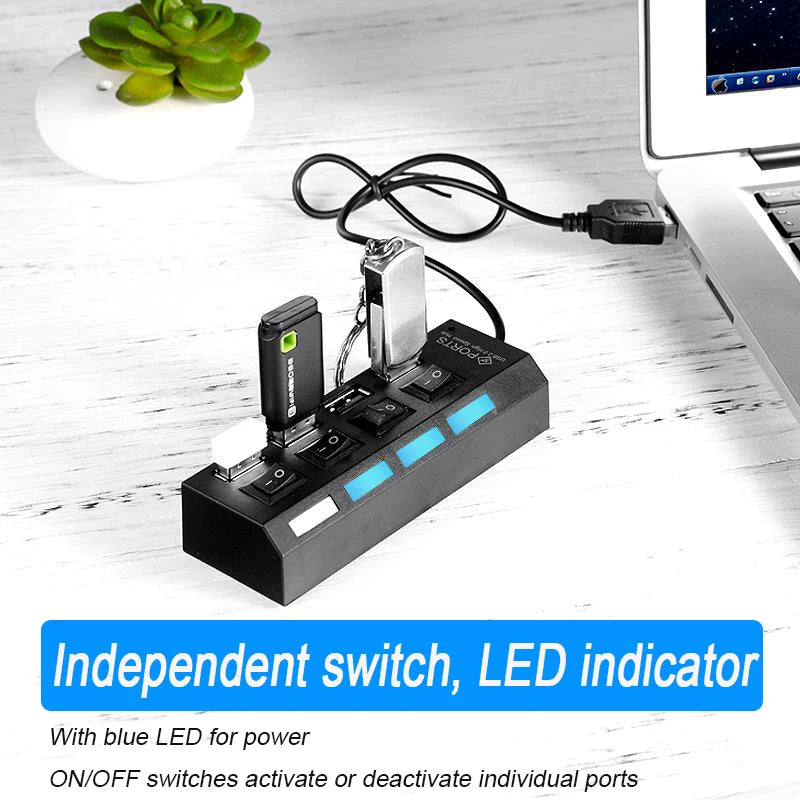 Adaptador expansor USB HUB 2,0 de alta velocidad, 4/7 puertos, divisor Multi USB, extensor múltiple con interruptor de lámpara LED para PC y portátil