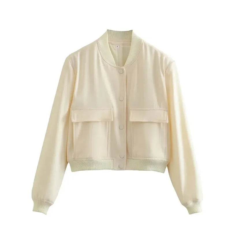 1 Uds. Chaqueta Bomber para mujer, abrigo blanco con botones para otoño e invierno, chaquetas recortadas de aviador de béisbol para mujer, prendas de vestir exteriores cortas de manga larga