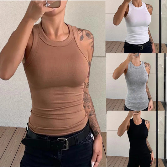 Camiseta sin mangas acanalada con cuello redondo para mujer, camisetas sin mangas elásticas básicas de verano, camisola elegante a la moda, camiseta interior sin mangas, Tops tipo jersey
