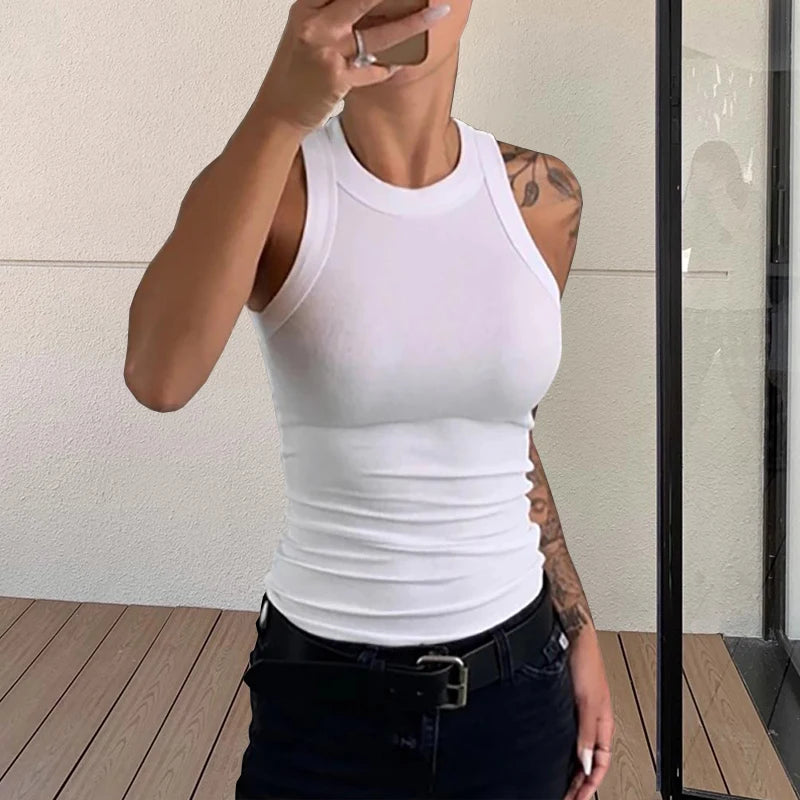 Camiseta sin mangas acanalada con cuello redondo para mujer, camisetas sin mangas elásticas básicas de verano, camisola elegante a la moda, camiseta interior sin mangas, Tops tipo jersey