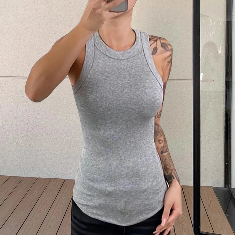 Camiseta sin mangas acanalada con cuello redondo para mujer, camisetas sin mangas elásticas básicas de verano, camisola elegante a la moda, camiseta interior sin mangas, Tops tipo jersey