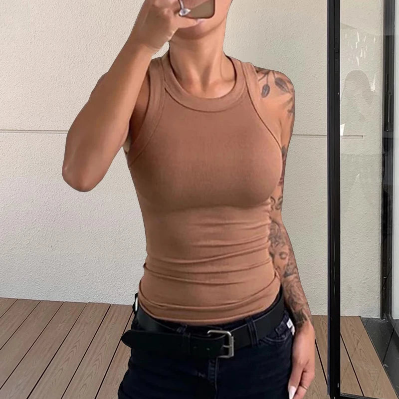 Camiseta sin mangas acanalada con cuello redondo para mujer, camisetas sin mangas elásticas básicas de verano, camisola elegante a la moda, camiseta interior sin mangas, Tops tipo jersey