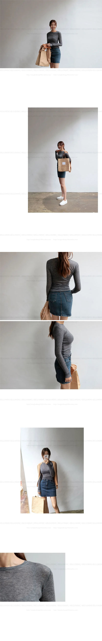 Camiseta lisa de alta calidad para mujer, camisetas básicas elásticas, Tops informales para mujer, camiseta fina Sexy de manga larga transparente