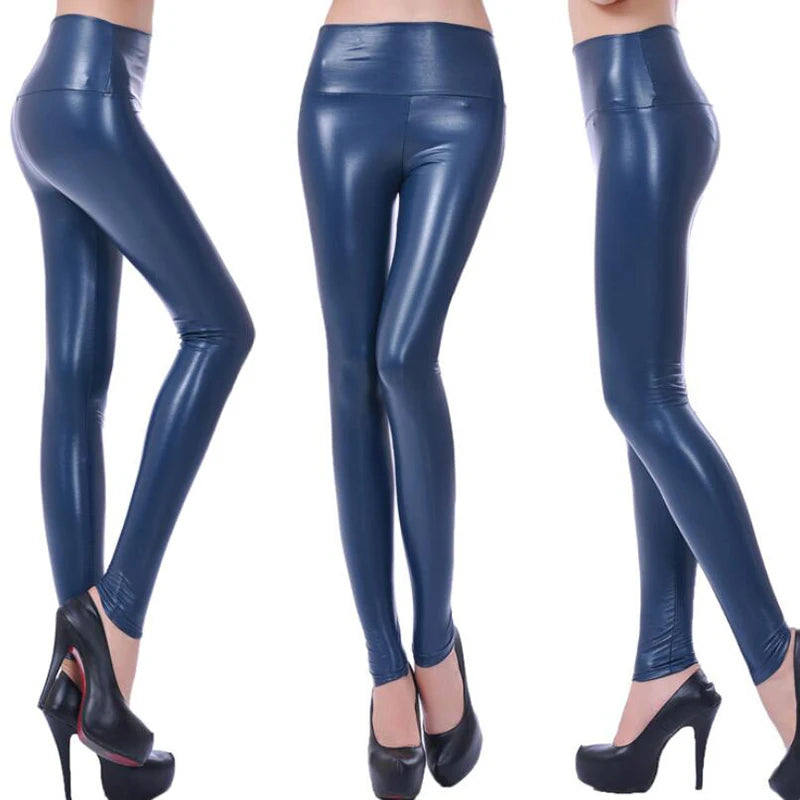 Nuevas mallas de mujer de gran tamaño a la moda, pantalones de cuero PU ajustados y sexis de cintura alta, pantalones de Yoga coloridos para mujer