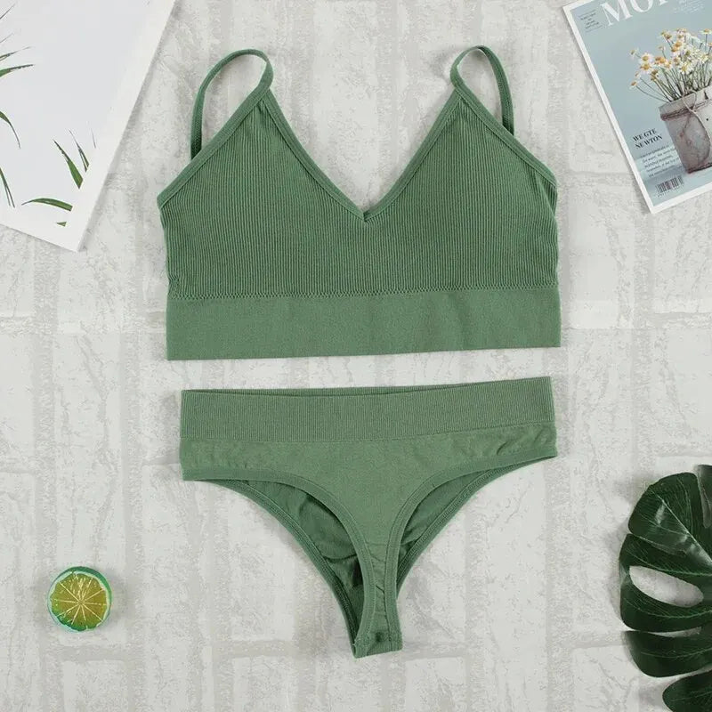 Conjunto de ropa interior de 2 piezas para mujer, bragas sexys, Bralette sin costuras, lencería femenina, Top corto sin mangas suave