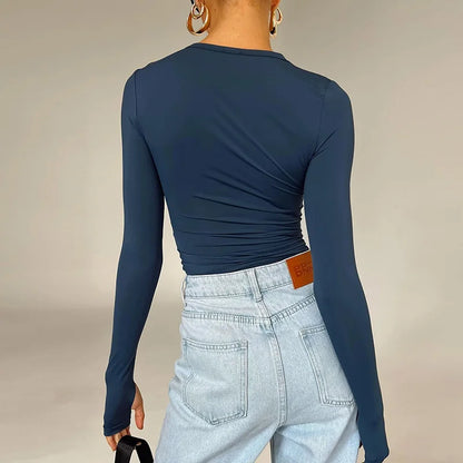 Camiseta de moda para mujer, Top corto ajustado liso con cuello redondo y manga larga con agujeros para los pulgares para ropa de calle diaria, camisola de verano