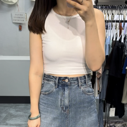 Camiseta sin mangas para mujer, chaleco deportivo informal de punto acanalado liso con hombros descubiertos y cuello redondo, camisola elástica básica