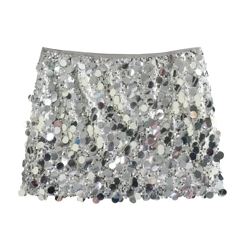 Falda de lentejuelas plateadas para mujer, minifalda de cintura alta, faldas cortas elegantes con purpurina brillante a la moda para mujer, faldas Y2k