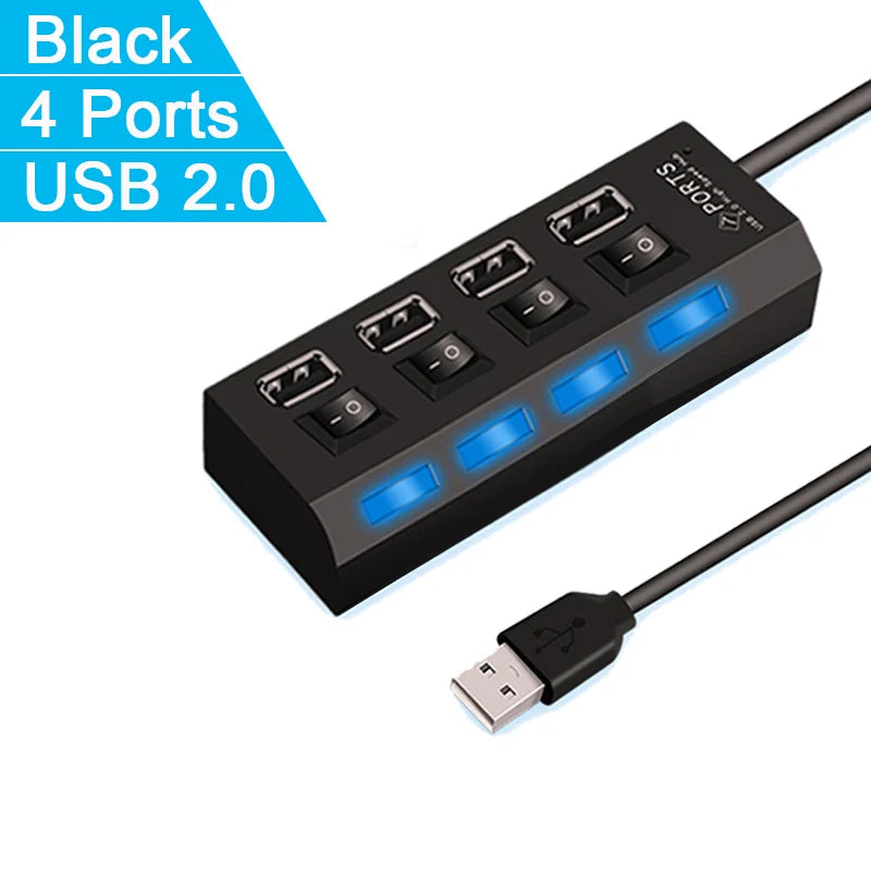 Adaptador expansor USB HUB 2,0 de alta velocidad, 4/7 puertos, divisor Multi USB, extensor múltiple con interruptor de lámpara LED para PC y portátil