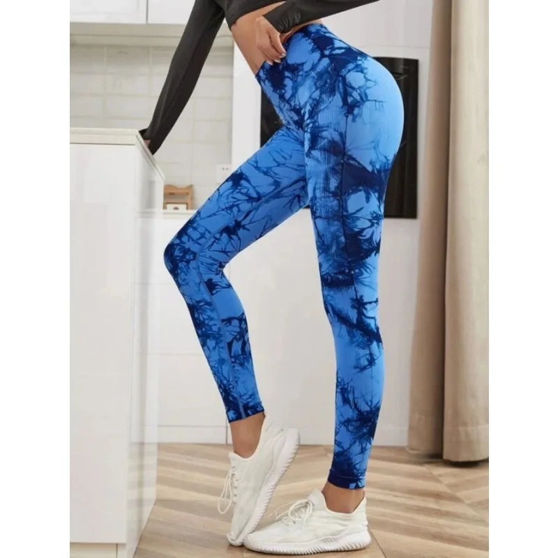 Mallas de cintura alta sin costuras para mujer, mallas teñidas con lazo, pantalones deportivos para Fitness, correr, Yoga, levantamiento de cadera, medias de punto elásticas