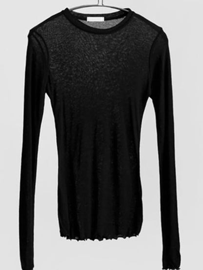 Camiseta lisa de alta calidad para mujer, camisetas básicas elásticas, Tops informales para mujer, camiseta fina Sexy de manga larga transparente