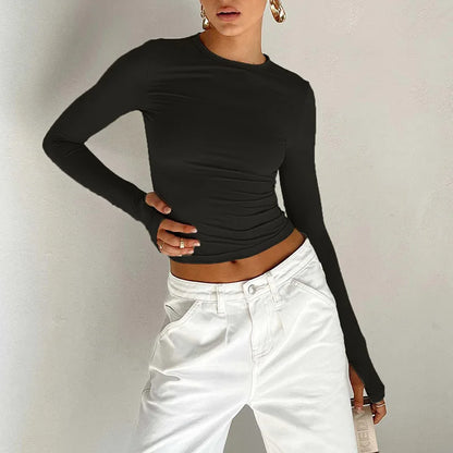 Camiseta de moda para mujer, Top corto ajustado liso con cuello redondo y manga larga con agujeros para los pulgares para ropa de calle diaria, camisola de verano