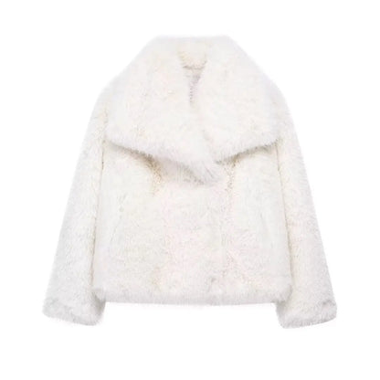 TRAFZA, chaqueta recortada de piel sintética a la moda para mujer, abrigo de manga larga con botón frontal a presión, prendas de vestir exteriores para mujer, abrigo grueso con cuello de solapa elegante