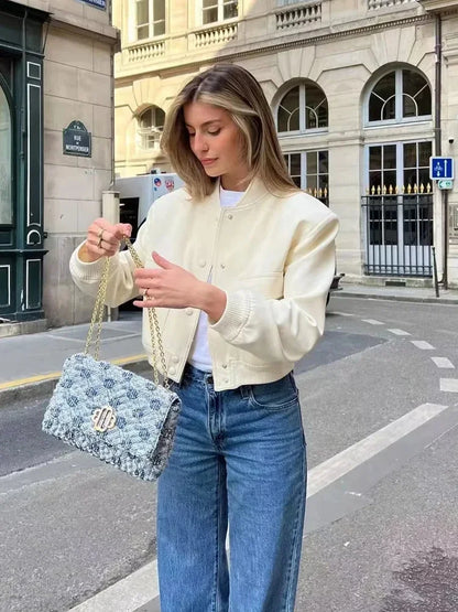 1 Uds. Chaqueta Bomber para mujer, abrigo blanco con botones para otoño e invierno, chaquetas recortadas de aviador de béisbol para mujer, prendas de vestir exteriores cortas de manga larga