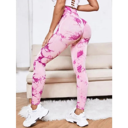 Mallas de cintura alta sin costuras para mujer, mallas teñidas con lazo, pantalones deportivos para Fitness, correr, Yoga, levantamiento de cadera, medias de punto elásticas