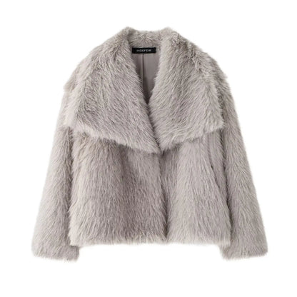 TRAFZA, chaqueta recortada de piel sintética a la moda para mujer, abrigo de manga larga con botón frontal a presión, prendas de vestir exteriores para mujer, abrigo grueso con cuello de solapa elegante