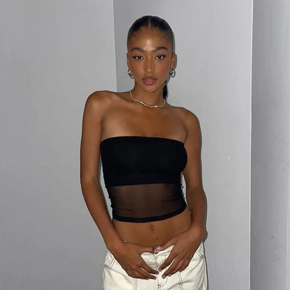 Top corto negro con corsé de malla para mujer, Top de tubo de retazos, camisola Sexy sin mangas con hombros descubiertos, ropa de calle de verano, camisetas sin mangas ajustadas sin tirantes