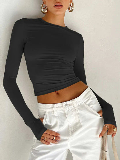 Camiseta de moda para mujer, Top corto ajustado liso con cuello redondo y manga larga con agujeros para los pulgares para ropa de calle diaria, camisola de verano