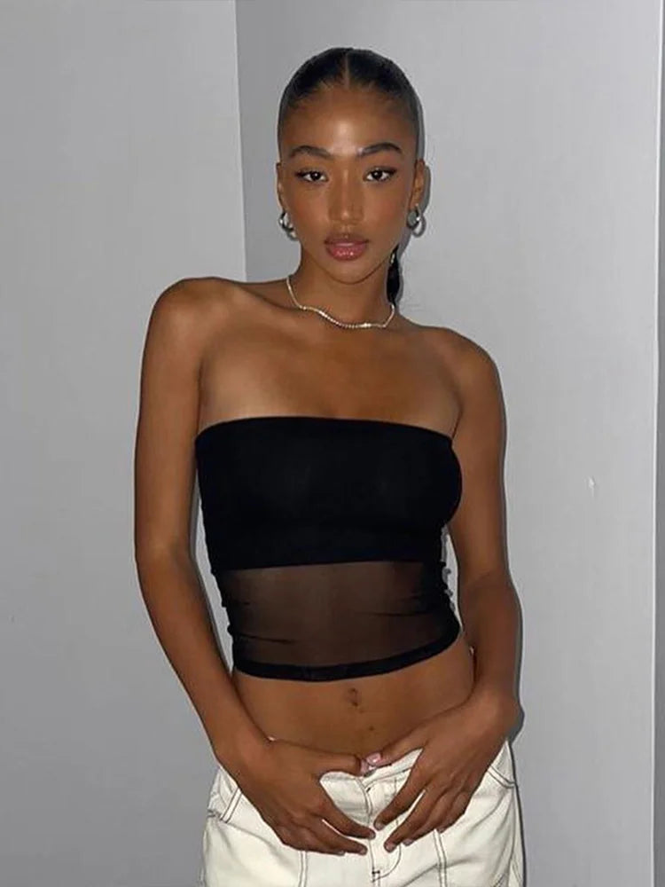 Top corto negro con corsé de malla para mujer, Top de tubo de retazos, camisola Sexy sin mangas con hombros descubiertos, ropa de calle de verano, camisetas sin mangas ajustadas sin tirantes