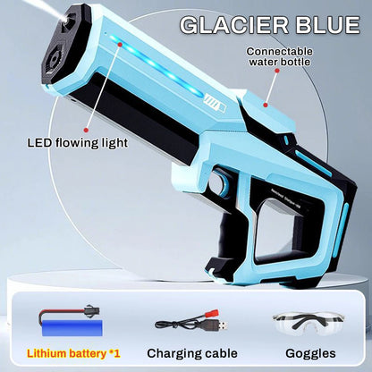 Pistola de agua eléctrica de pulso, pistola de juguete de pulverización de agua continua con luz de flujo LED y gafas, juguete de piscina para niños, agua de succión automática