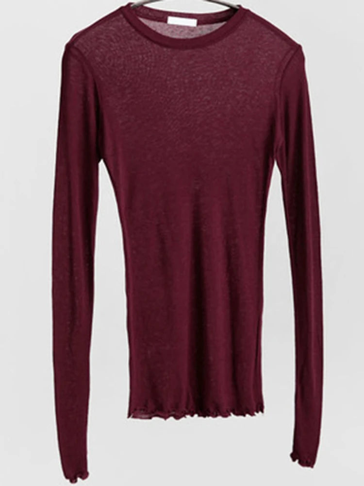 Camiseta lisa de alta calidad para mujer, camisetas básicas elásticas, Tops informales para mujer, camiseta fina Sexy de manga larga transparente