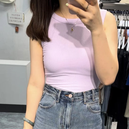 Camiseta sin mangas para mujer, chaleco deportivo informal de punto acanalado liso con hombros descubiertos y cuello redondo, camisola elástica básica