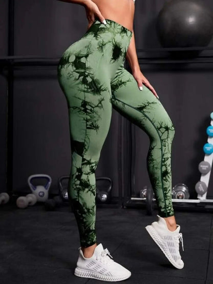 Mallas de cintura alta sin costuras para mujer, mallas teñidas con lazo, pantalones deportivos para Fitness, correr, Yoga, levantamiento de cadera, medias de punto elásticas