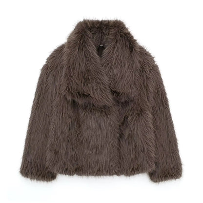 TRAFZA, chaqueta recortada de piel sintética a la moda para mujer, abrigo de manga larga con botón frontal a presión, prendas de vestir exteriores para mujer, abrigo grueso con cuello de solapa elegante