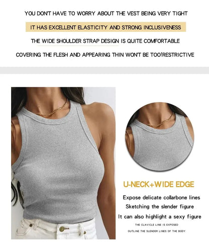 Camiseta sin mangas para mujer, chaleco deportivo informal de punto acanalado liso con hombros descubiertos y cuello redondo, camisola elástica básica