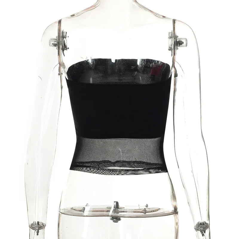 Top corto negro con corsé de malla para mujer, Top de tubo de retazos, camisola Sexy sin mangas con hombros descubiertos, ropa de calle de verano, camisetas sin mangas ajustadas sin tirantes