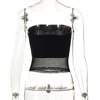 Top corto negro con corsé de malla para mujer, Top de tubo de retazos, camisola Sexy sin mangas con hombros descubiertos, ropa de calle de verano, camisetas sin mangas ajustadas sin tirantes