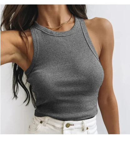 Camiseta sin mangas para mujer, chaleco deportivo informal de punto acanalado liso con hombros descubiertos y cuello redondo, camisola elástica básica