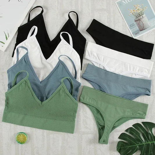 Conjunto de ropa interior de 2 piezas para mujer, bragas sexys, Bralette sin costuras, lencería femenina, Top corto sin mangas suave