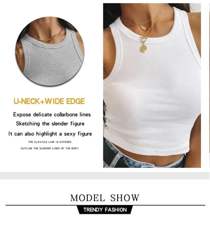 Camiseta sin mangas para mujer, chaleco deportivo informal de punto acanalado liso con hombros descubiertos y cuello redondo, camisola elástica básica