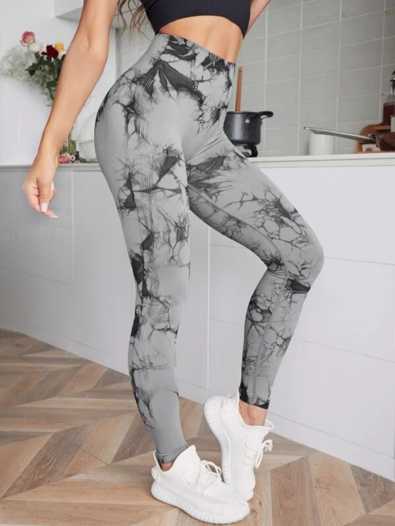 Mallas de cintura alta sin costuras para mujer, mallas teñidas con lazo, pantalones deportivos para Fitness, correr, Yoga, levantamiento de cadera, medias de punto elásticas