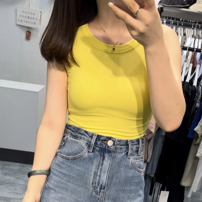 Camiseta sin mangas para mujer, chaleco deportivo informal de punto acanalado liso con hombros descubiertos y cuello redondo, camisola elástica básica