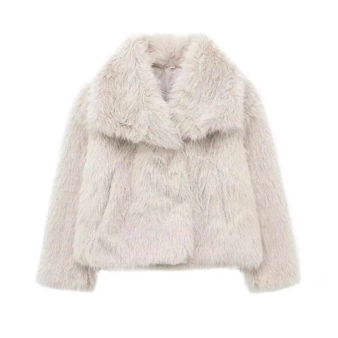 TRAFZA, chaqueta recortada de piel sintética a la moda para mujer, abrigo de manga larga con botón frontal a presión, prendas de vestir exteriores para mujer, abrigo grueso con cuello de solapa elegante