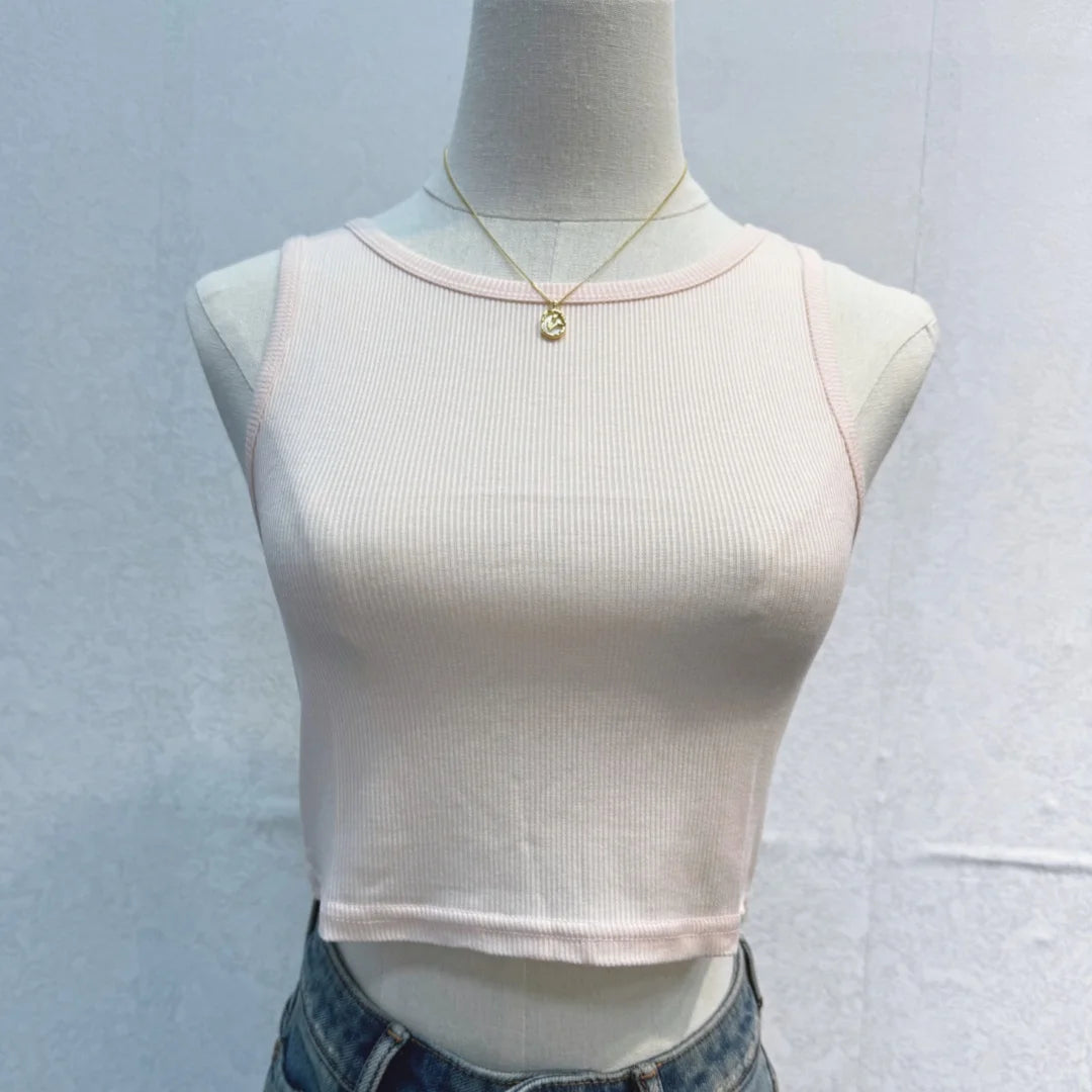 Camiseta sin mangas para mujer, chaleco deportivo informal de punto acanalado liso con hombros descubiertos y cuello redondo, camisola elástica básica