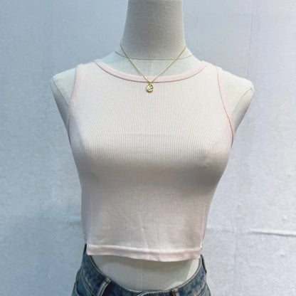Camiseta sin mangas para mujer, chaleco deportivo informal de punto acanalado liso con hombros descubiertos y cuello redondo, camisola elástica básica