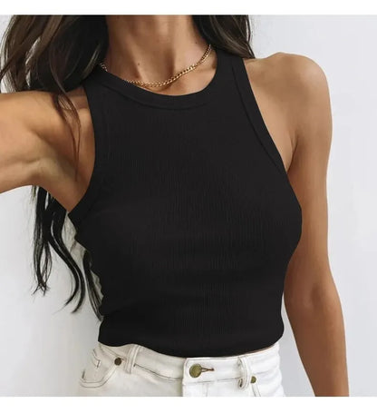 Camiseta sin mangas para mujer, chaleco deportivo informal de punto acanalado liso con hombros descubiertos y cuello redondo, camisola elástica básica