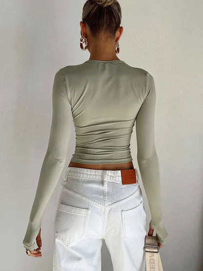 Camiseta de moda para mujer, Top corto ajustado liso con cuello redondo y manga larga con agujeros para los pulgares para ropa de calle diaria, camisola de verano