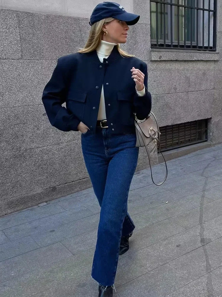 1 Uds. Chaqueta Bomber para mujer, abrigo blanco con botones para otoño e invierno, chaquetas recortadas de aviador de béisbol para mujer, prendas de vestir exteriores cortas de manga larga
