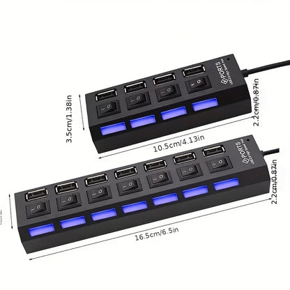 Adaptador expansor USB HUB 2,0 de alta velocidad, 4/7 puertos, divisor Multi USB, extensor múltiple con interruptor de lámpara LED para PC y portátil
