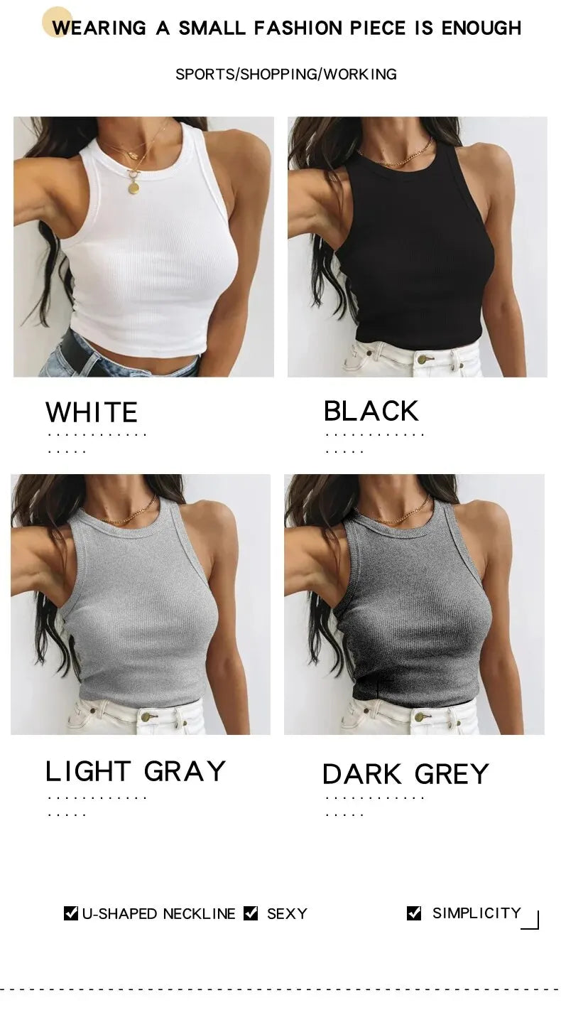 Camiseta sin mangas para mujer, chaleco deportivo informal de punto acanalado liso con hombros descubiertos y cuello redondo, camisola elástica básica