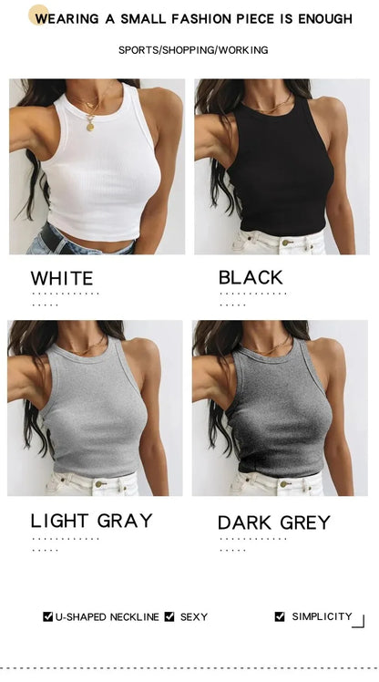 Camiseta sin mangas para mujer, chaleco deportivo informal de punto acanalado liso con hombros descubiertos y cuello redondo, camisola elástica básica