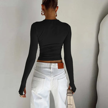 Camiseta de moda para mujer, Top corto ajustado liso con cuello redondo y manga larga con agujeros para los pulgares para ropa de calle diaria, camisola de verano
