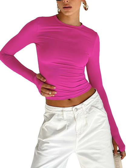 Camiseta de moda para mujer, Top corto ajustado liso con cuello redondo y manga larga con agujeros para los pulgares para ropa de calle diaria, camisola de verano